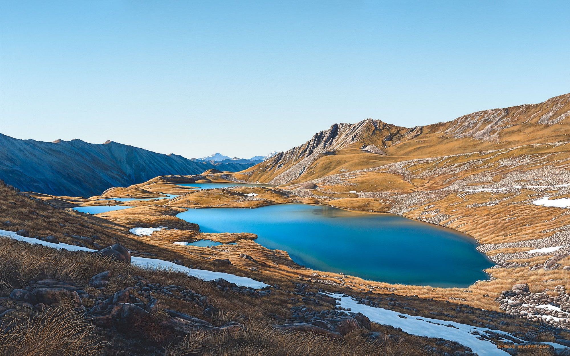 Fine art print of the Paratītahi Tarns in Nelson Lakes National Park, featuring serene backcountry scenery with tarns and rugged mountains, painted by Michelle Bellamy. Limited edition print on high-quality stock