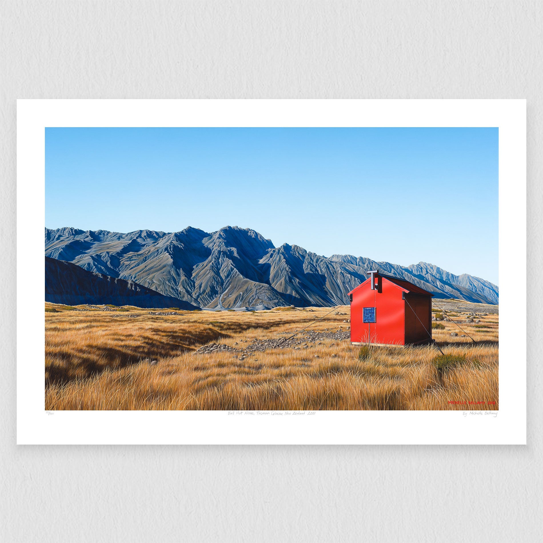 Limited edition art reproduction of 'Ball Hut Alone' by Michelle Bellamy, featuring a rugged landscape of Aoraki/Mount Cook National Park with views towards the Tasman Glacier