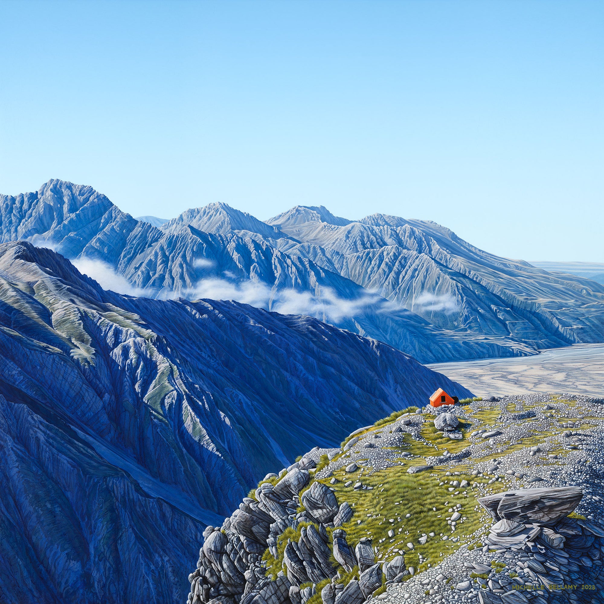 Artist Michelle Bellamy's painting of Sefton Bivvy nestled in the rugged alpine landscape, with craggy peaks and dramatic mountain scenery in the background.