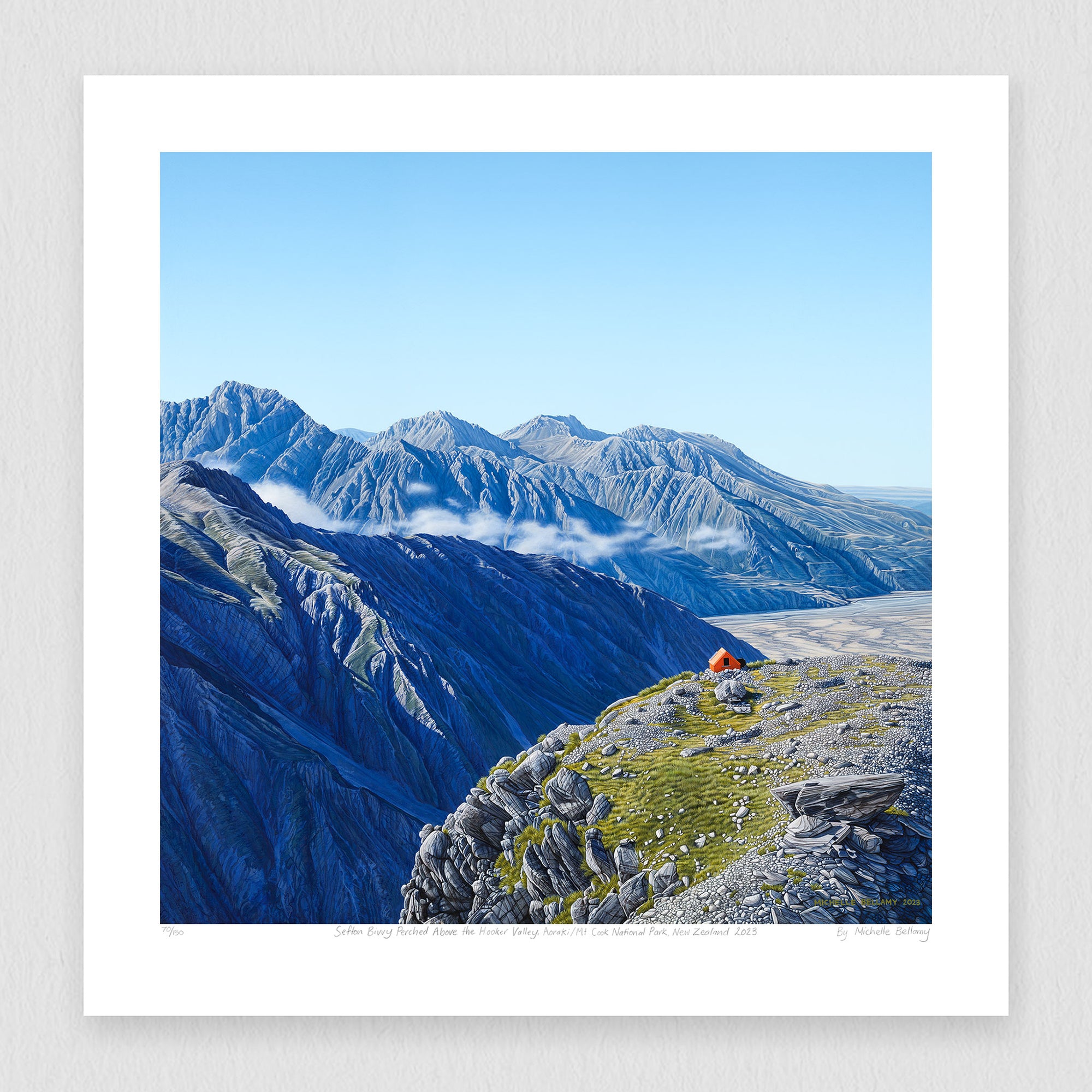 Art print of Sefton Bivvy nestled in the rugged alpine landscape, with craggy peaks and dramatic mountain scenery in the background. By artist Michelle Bellamy.