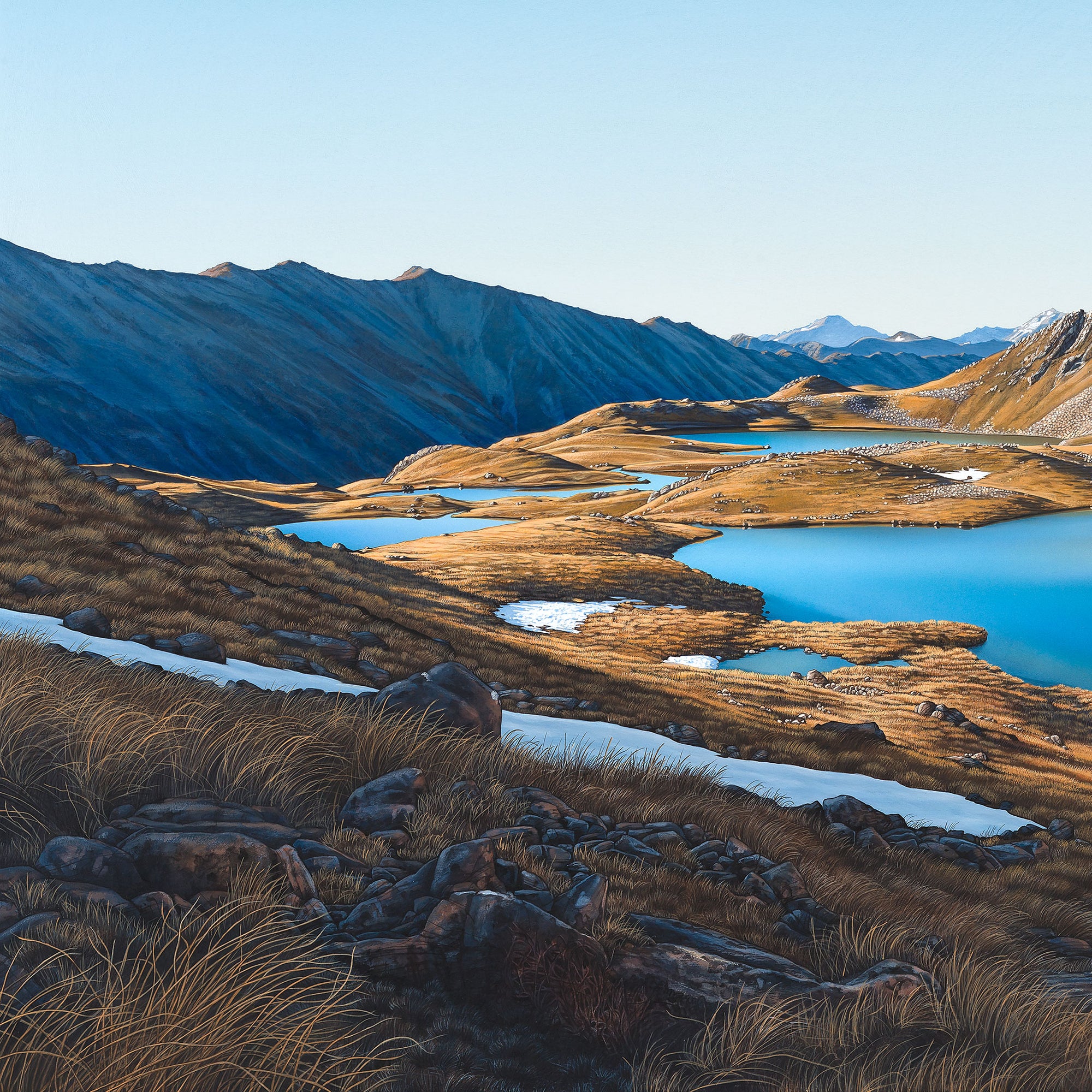 Fine art print of the Paratītahi Tarns in Nelson Lakes National Park, featuring serene backcountry scenery with tarns and rugged mountains, painted by Michelle Bellamy.